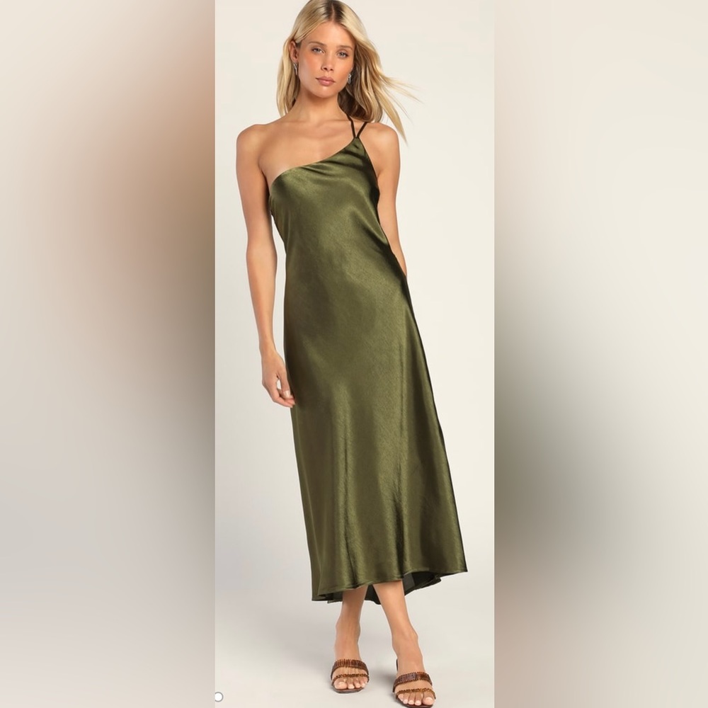 Lulus One That Got Away Olive Green Satin One-Shoulder Midi Dress Size S